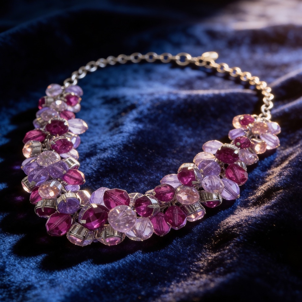 Purple Crystal Cluster Bib Statement Necklace - image 3